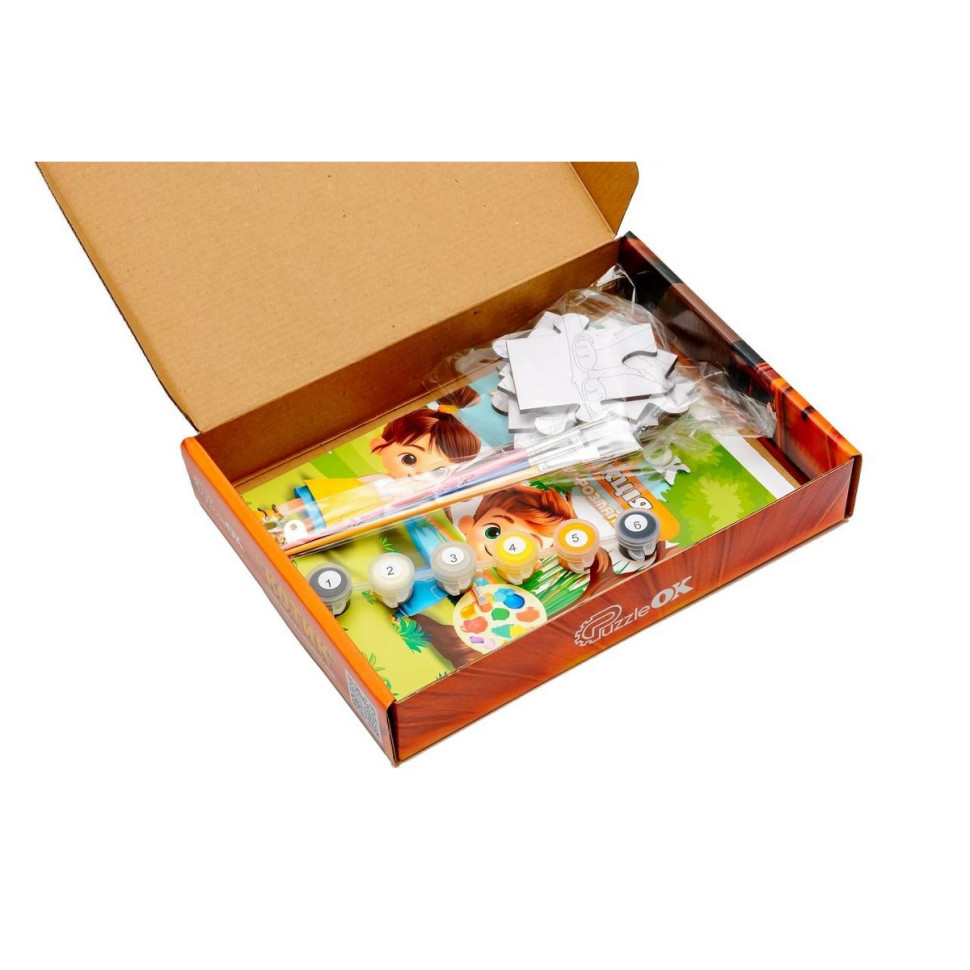 Деревʼяний пазл-розмальовка А5 "Котик" пензлик, фарби, клейка плівка Деревянный пазл-раскраска А5 "Котик" кисточка, краски, клейкая пленка — изображение 6