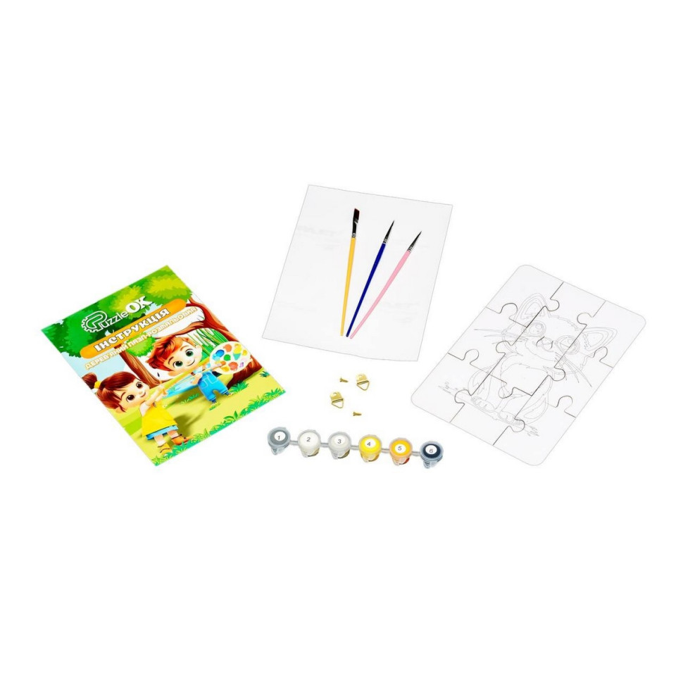 Деревʼяний пазл-розмальовка А5 "Котик" пензлик, фарби, клейка плівка Деревянный пазл-раскраска А5 "Котик" кисточка, краски, клейкая пленка — изображение 3