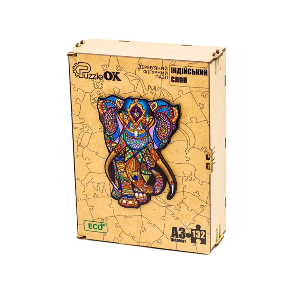 Фігурний дерев'яний пазл A3 "Індійський слон", 132 деталі Фігурний дерев'яний пазл A3 "Індійський слон", 132 деталі