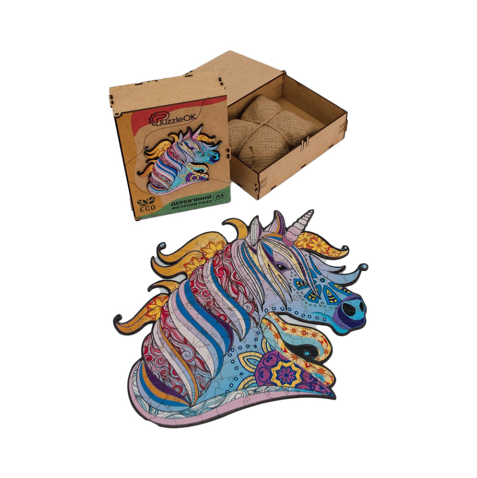 Фігурний дерев'яний пазл A3 "Казковий єдиноріг", 148 деталей Фігурний дерев'яний пазл A3 "Казковий єдиноріг", 148 деталей