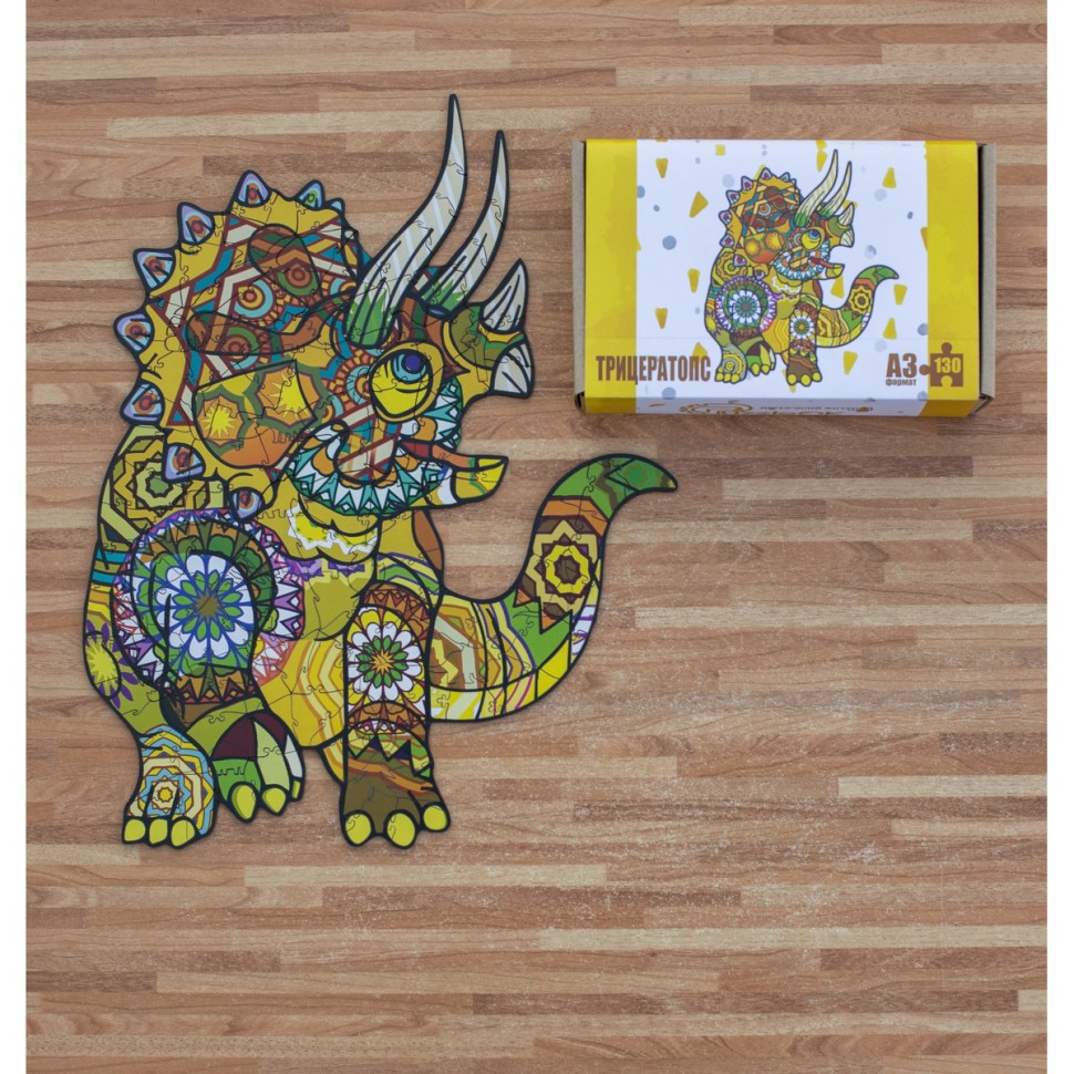 Фігурний дерев'яний пазл A3 "Трицератопс", 130 елементів Фигурный деревянный пазл A3 "Трицератопс", 130 элементов — изображение 3