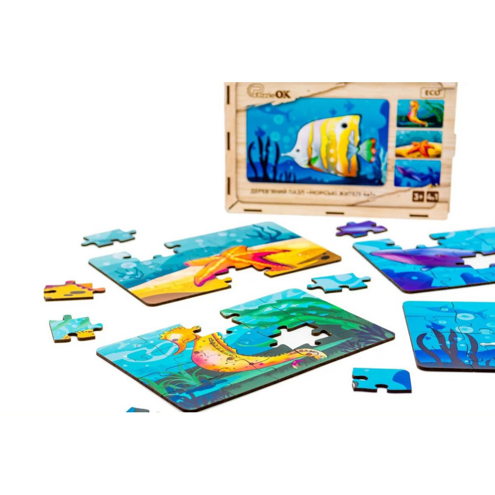 Дитячий дерев'яний пазл Морські жителі 4 в 1, 80 елементів Дитячий дерев'яний пазл Морські жителі 4 в 1, 80 елементів - Зображення 3