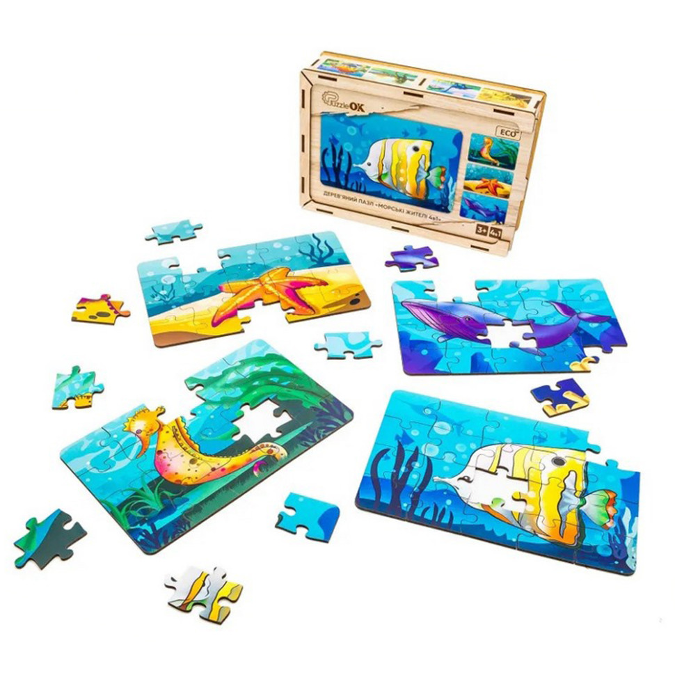 Дитячий дерев'яний пазл Морські жителі 4 в 1, 80 елементів Дитячий дерев'яний пазл Морські жителі 4 в 1, 80 елементів - Зображення 4