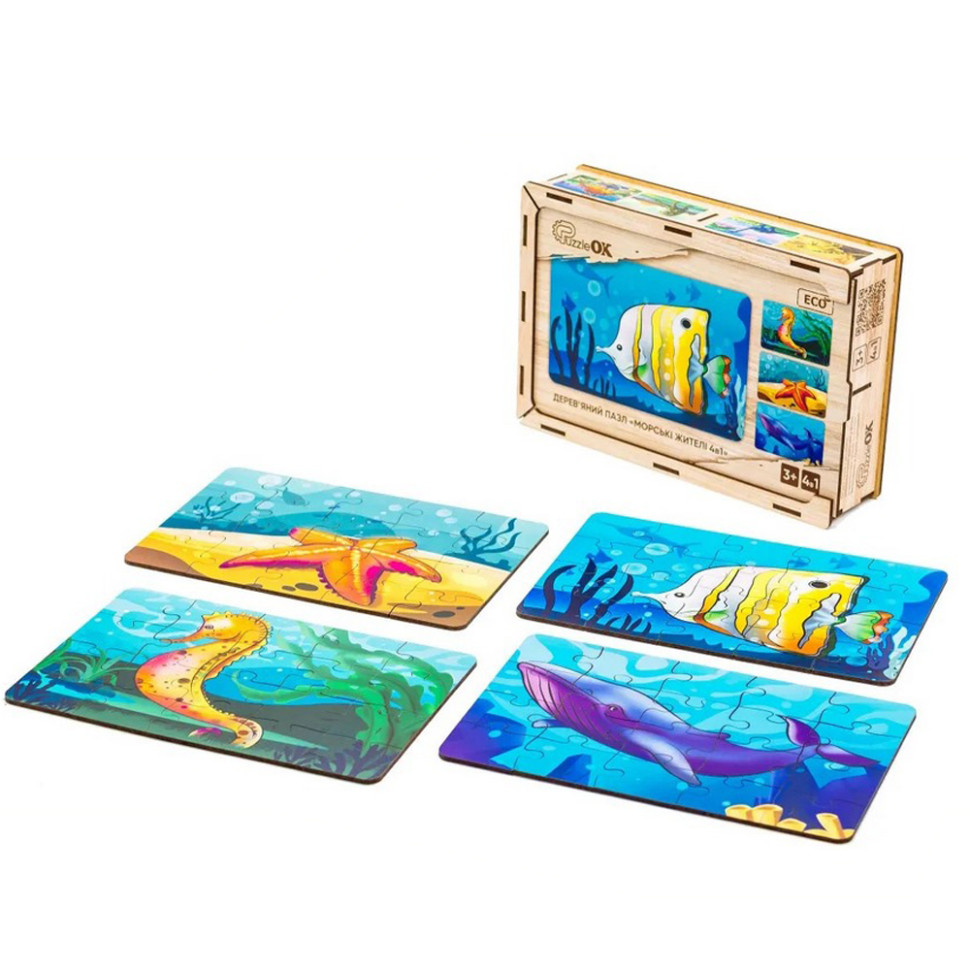 Дитячий дерев'яний пазл Морські жителі 4 в 1, 80 елементів Дитячий дерев'яний пазл Морські жителі 4 в 1, 80 елементів - Зображення 5