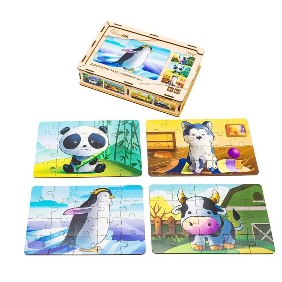 Дитячий дерев'яний пазл Тварини 4 в 1, 80 елементів Дитячий дерев'яний пазл Тварини 4 в 1, 80 елементів