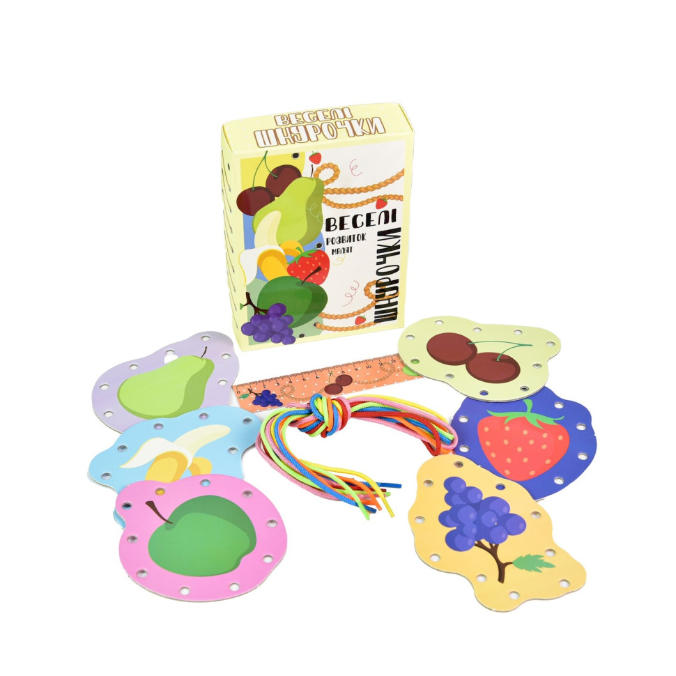 Розвиваюча гра "Веселі шнурочки Фрукти", 6 картинок, кольорові шнурки Розвиваюча гра "Веселі шнурочки Фрукти", 6 картинок, кольорові шнурки - Зображення 2
