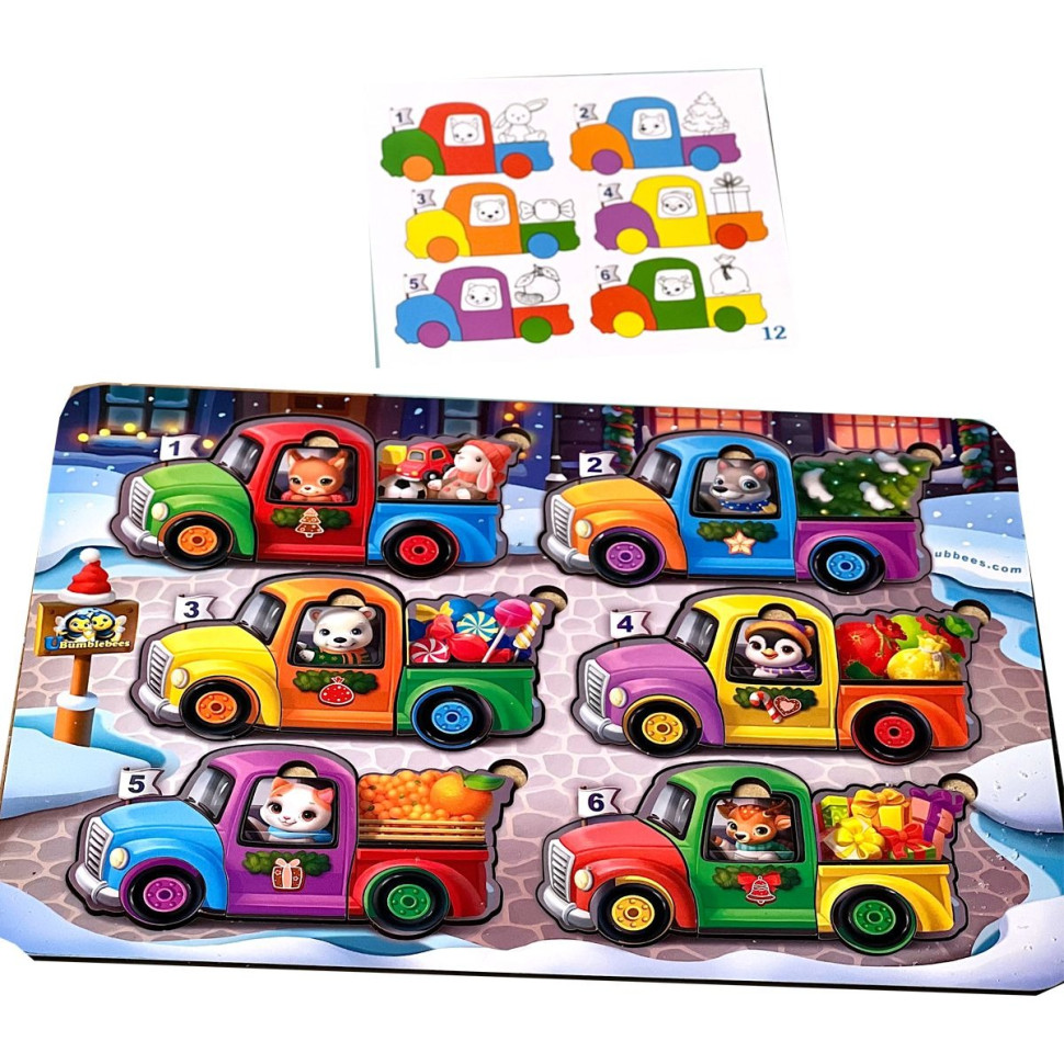 Дерев'яна гра з картками "Тварини на машинках" Ubumblebees, 42 деталі і 12 карток Дерев'яна гра з картками "Тварини на машинках" Ubumblebees, 42 деталі і 12 карток
