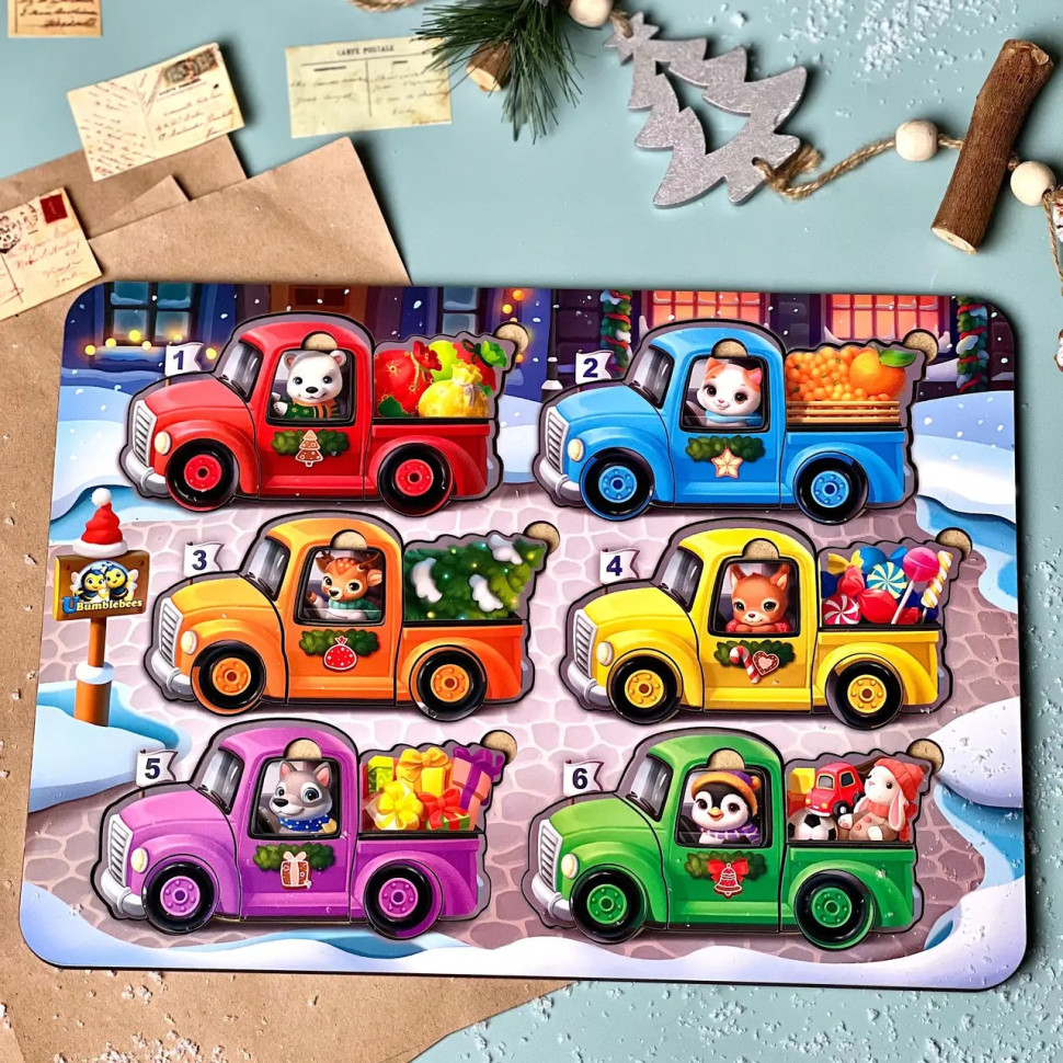 Дерев'яна гра з картками "Тварини на машинках" Ubumblebees, 42 деталі і 12 карток Дерев'яна гра з картками "Тварини на машинках" Ubumblebees, 42 деталі і 12 карток - Зображення 2