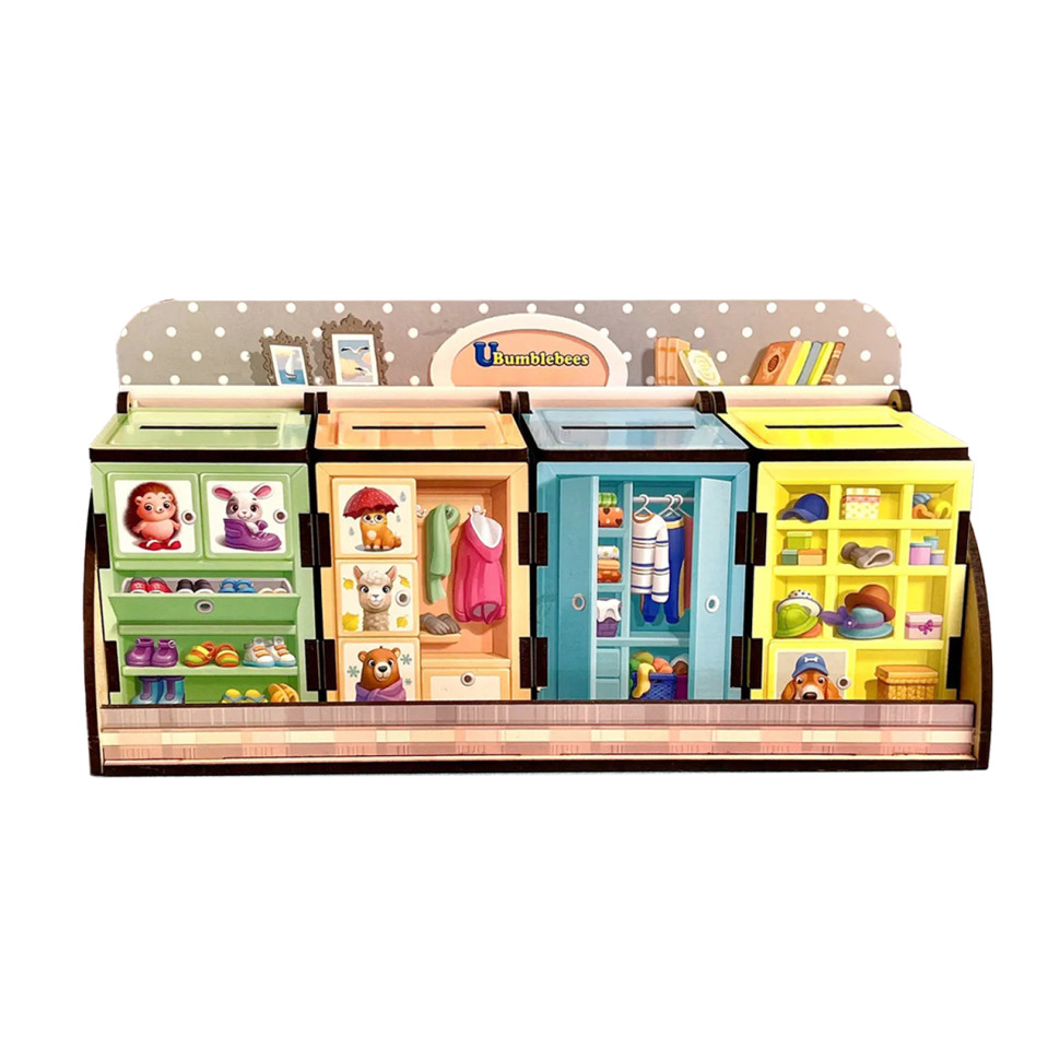 Дерев'яна настільна гра "Шафи з одягом" Ubumblebees сортер-комодик Дерев'яна настільна гра "Шафи з одягом" Ubumblebees сортер-комодик