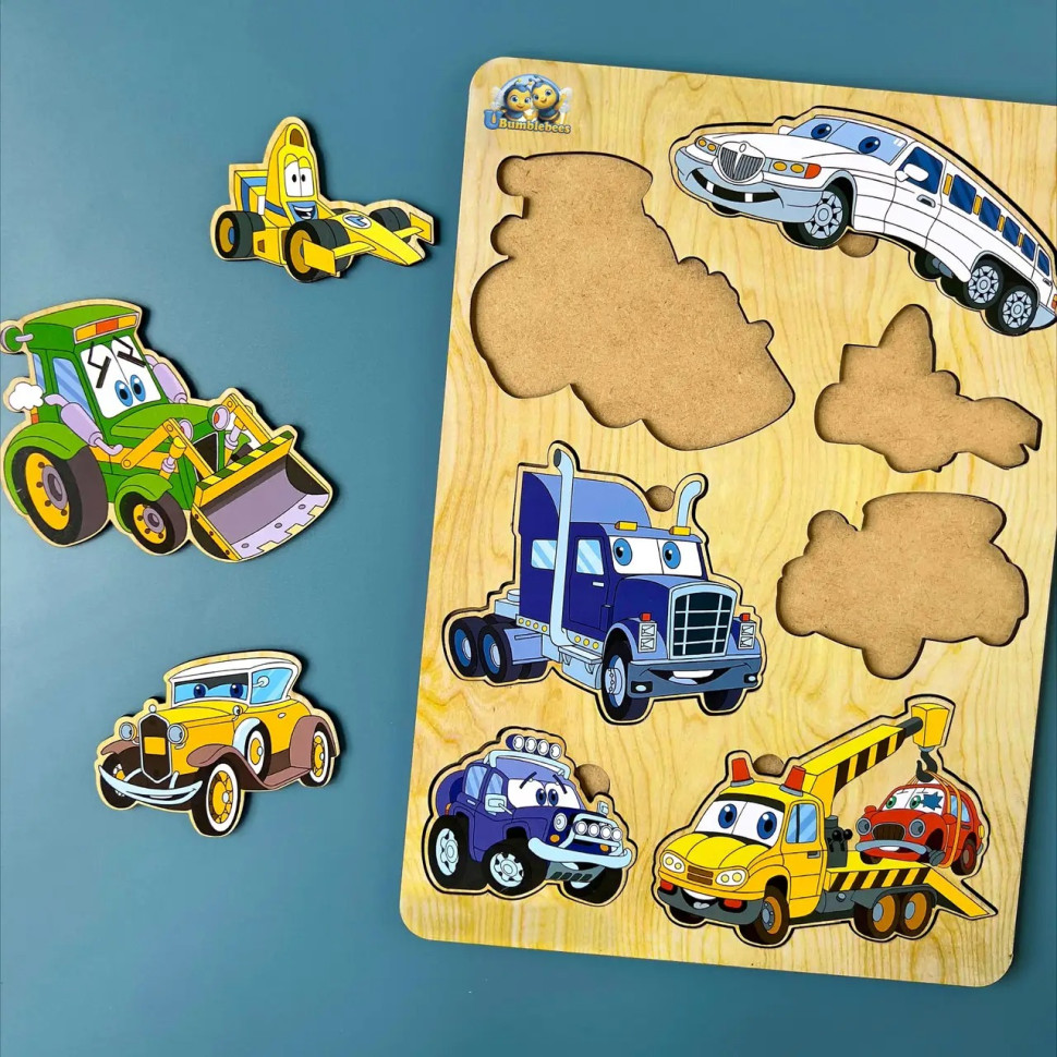 Дерев'яний пазл-вкладиш "Машинки-великий" Ubumblebees, 7 елементів Дерев'яний пазл-вкладиш "Машинки-великий" Ubumblebees, 7 елементів - Зображення 2