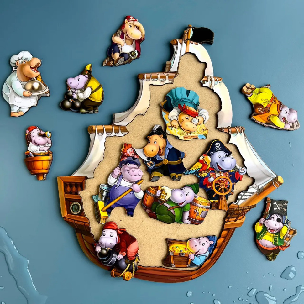 Дерев'яний пазл-вкладиш "Бегемотики-пірати" Ubumblebees, 13 бегемотиків Дерев'яний пазл-вкладиш "Бегемотики-пірати" Ubumblebees, 13 бегемотиків - Зображення 4