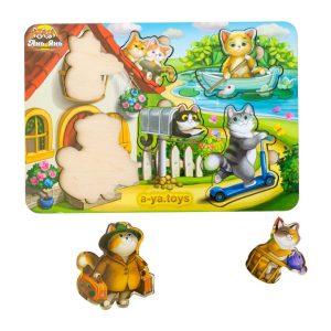 Дерев'яний пазл-вкладиш "Котики - 1" Ubumblebees з будиночком