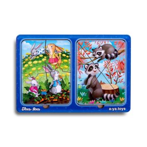 Дерев'яний пазл-вкладиш "Зайчики та єнотики" Ubumblebees в рамці