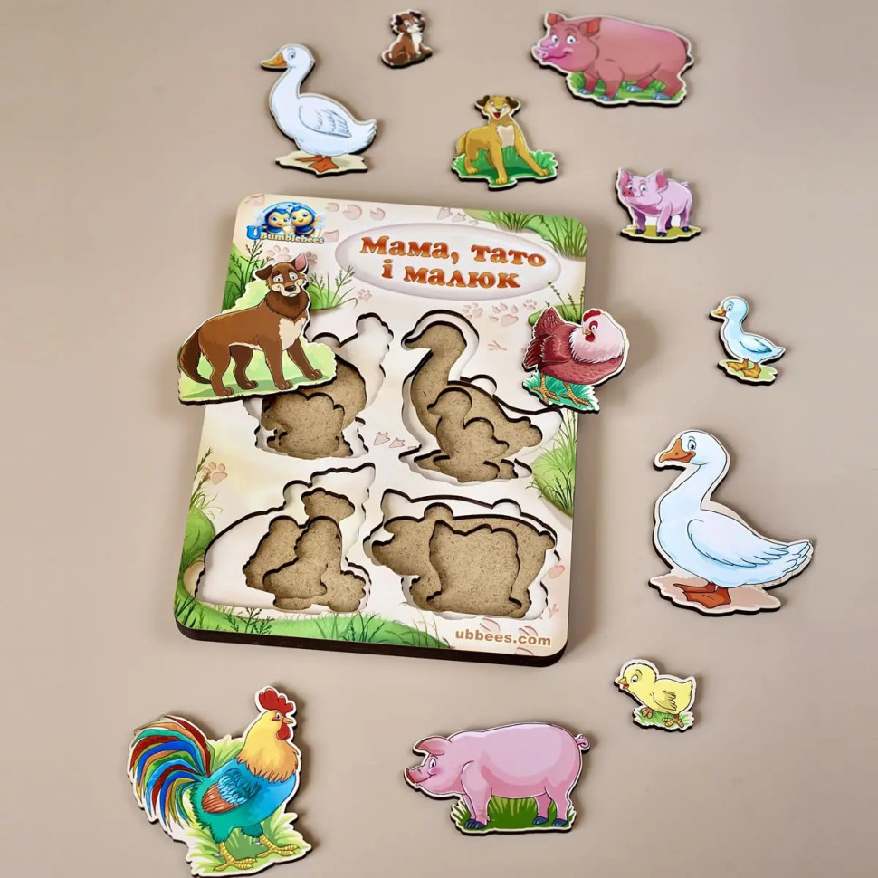 Дерев'яний пазл-вкладиш "Сім'я-свійські тварини-2" Ubumblebees більше-менше Деревянный пазл-вкладыш «Семья-скотские животные-2» Ubumblebees больше-меньше — изображение 2