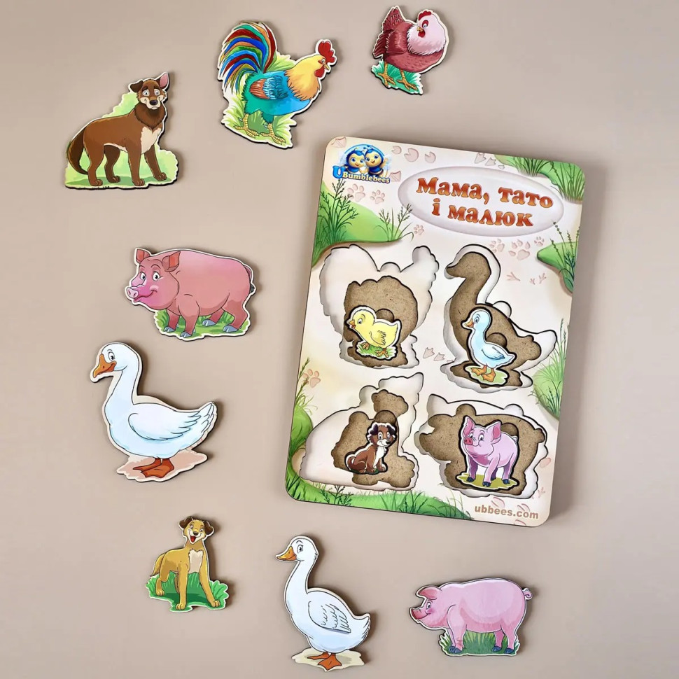 Дерев'яний пазл-вкладиш "Сім'я-свійські тварини-2" Ubumblebees більше-менше Деревянный пазл-вкладыш «Семья-скотские животные-2» Ubumblebees больше-меньше — изображение 3