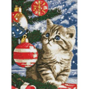 Алмазна мозаїка без підрамника "Кошеня під ялинкою" 30х40 см
