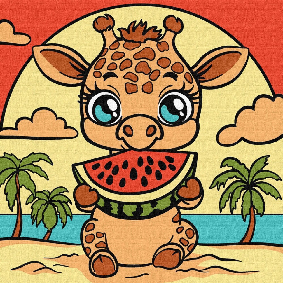 Картина за номерами "Жираф і кавун" ©art_selena_ua, 25х25 см Картина за номерами "Жираф і кавун" ©art_selena_ua, 25х25 см